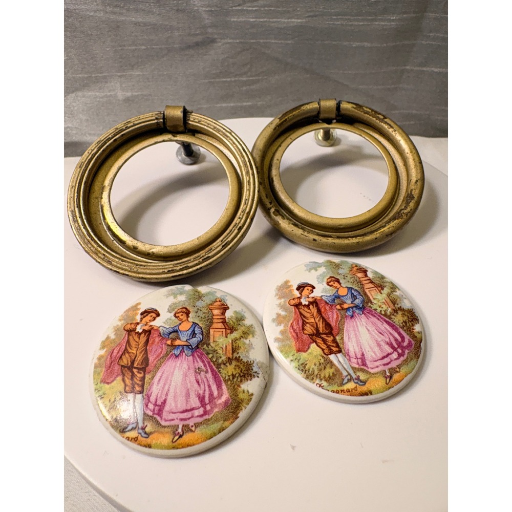 Vintage Fragonard Courting Couple Ceramic Brass Ring Drawer Pulls Set of 2